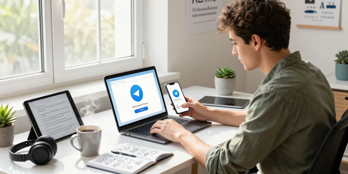 Seamless Telegram Download process on modern workspace with laptop and smartphone, tech gadgets in sunlight.