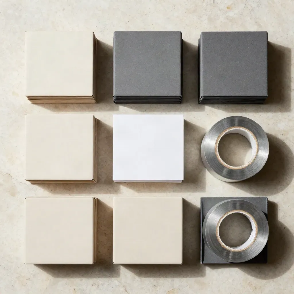 Overhead flatlay of sleeves, boxes, and silver tape reels on travertine stone.
