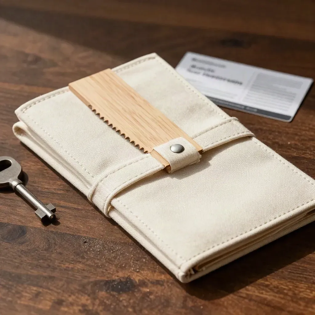 Trade finance kit with canvas, wood sample and ledger wallet on warm walnut surface.