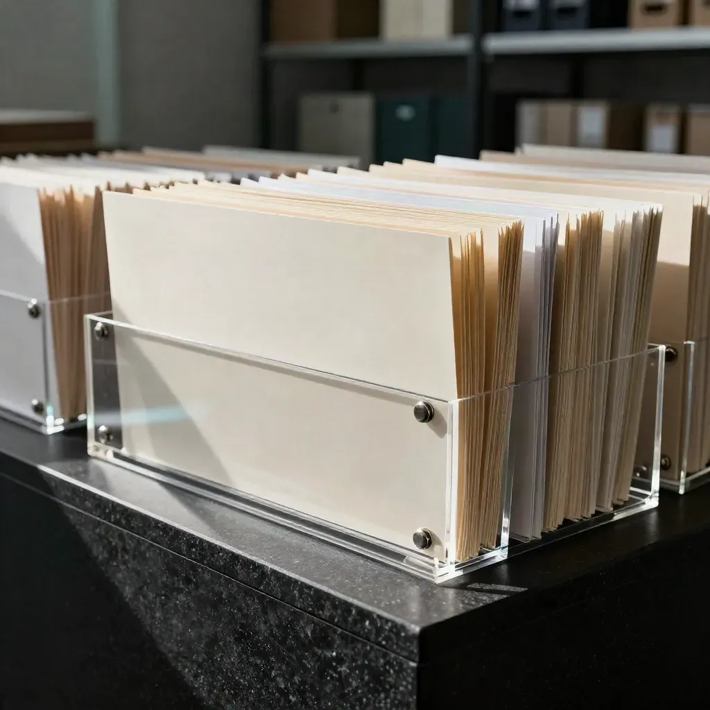 Blank folders, acrylic blocks, and steel fasteners fan out on a dark finance studio surface.