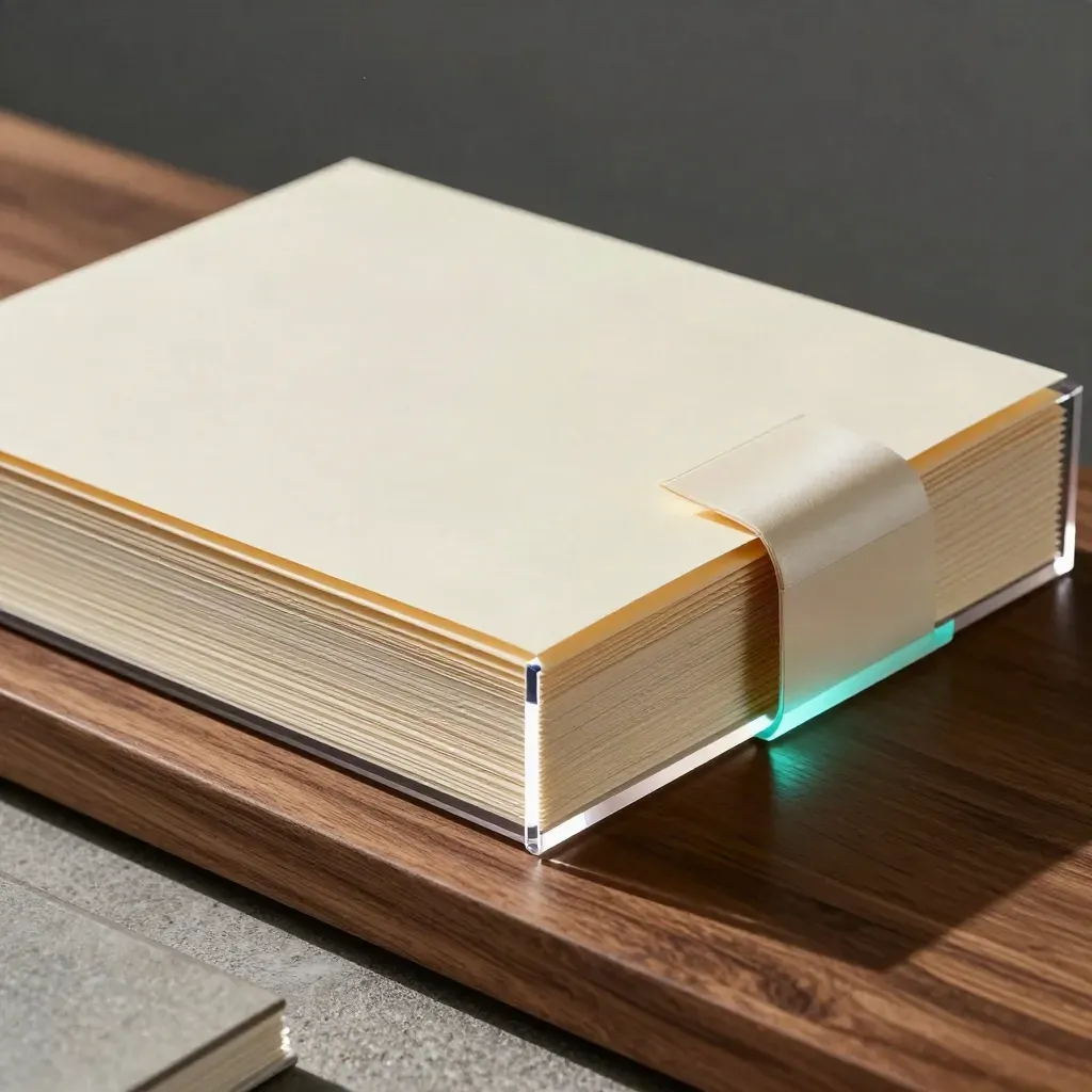 Blank folders, acrylic blocks, and a sealed pouch on a walnut plinth in dramatic light.