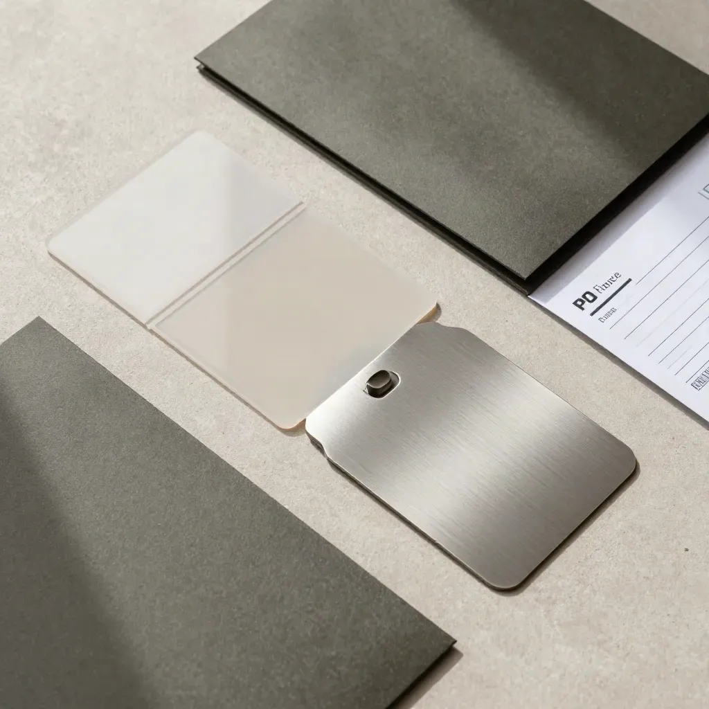 Overhead flat lay of finance sleeves, swatches, and cargo tag shapes on pale concrete.