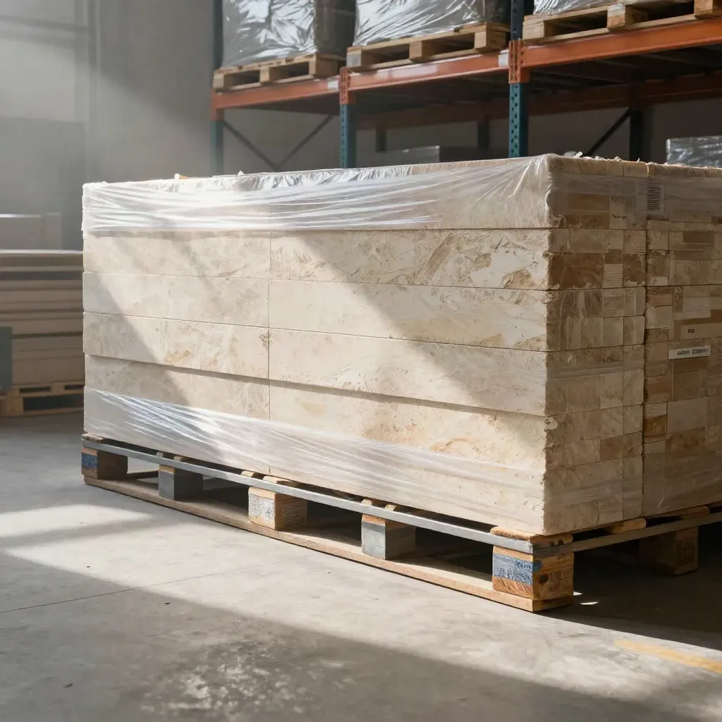 Sunlit import hall with stacked limestone slabs, calm concrete floor, and hazy shelving.